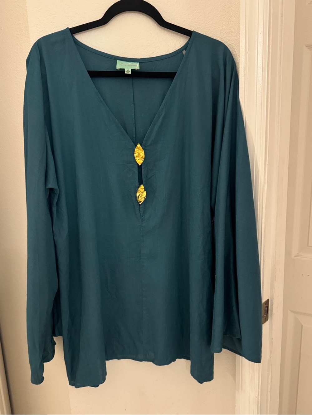 True Destinations Teal V-Neck Long Sleeve Tunic with Gold Accents